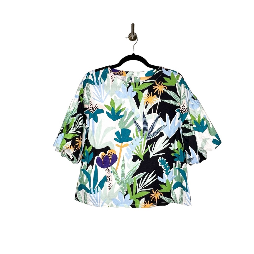 Oliphant Puff-Sleeve Botanical Print Poplin Blouse  in Multicolor Size XS